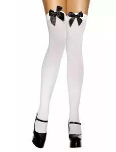 Białe pończochy damskie z czarną kokardką