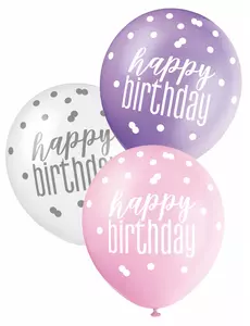 6 różowych, fioletowych i białych balonów z napisem "HAPPY BIRTHDAY"