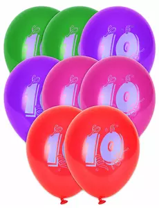 8 wielokolorowych balonów z cyfrą 10, 30 cm