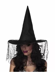 Czarny kapelusz wiedźmy z pajęczym welonem kobieta Halloween