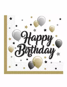 20 Papierowe serwetki Happy Birthday złoty czarny srebrny 33 x 33 cm