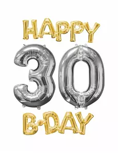 4 złote i srebrne balony foliowe Happy Bday 30