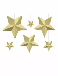 6 świątecznych złotych wiszących gwiazd 3D