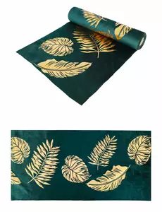 Zielony welurowy bieżnik stołowy ze złotymi liśćmi 28 cm x 3 m