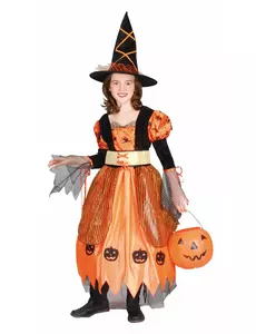 Halloweenowy kostium pomarańczowej wiedźmy dla dziewczynki, Rozmiar: 7-9 lat (120-130 cm)
