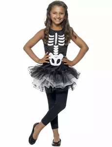 Czarny kostium szkieletu z tutu dla dziewczynek na Halloween, Rozmiar: 4-6 lat (115/128 cm)