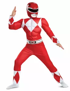 Czerwony kostium Power Rangers z muskulaturą dla dzieci, Rozmiar: 10–12 lat(137–149 cm)