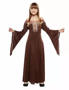 Brązowy kostium średniowiecznej damy dla dzieci, Rozmiar: 7-9 lat (122-138 cm)