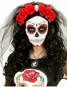 Nakrycie głowy w czerwone kwiaty z kobiecą czaszką Dia de los muertos