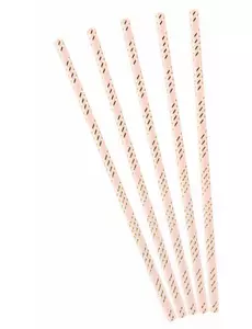 10 różowych słomek kartonowych w metaliczne złote paski 19,5 cm
