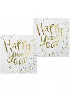 20 biało-złotych serwetek papierowych Happy New Year 33 x 33 cm
