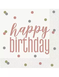 16 serwetek papierowych Happy Birthday w kolorze biało-różowozłotym 33 x 33 cm