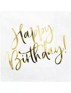 20 biało-złotych serwetek papierowych Happy Birthday o wymiarach 33 x 33 cm