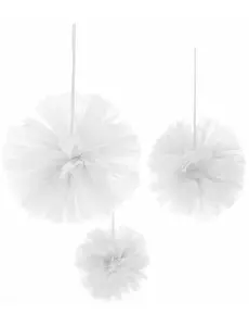 3 Pompony do zawieszenia z białego tiulu 15, 20 i 30 cm