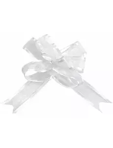5 małych białych kokardek z organdyny o średnicy 16 mm