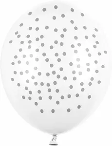 6 balonów lateksowych w białe srebrne kropki 30 cm