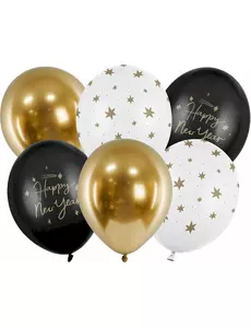 6 balonów Szczęśliwego Nowego Roku w kolorze czarno-złotym 30 cm