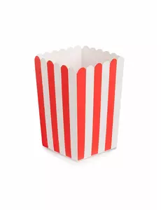 6 czerwonych i białych kartonowych pudełek na popcorn o wymiarach 7 x 12,5 cm