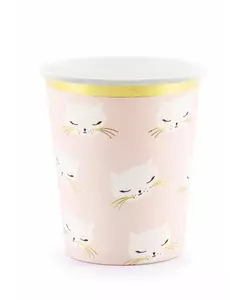 6 różowo-białych kubków papierowych w kształcie kotka 200 ml