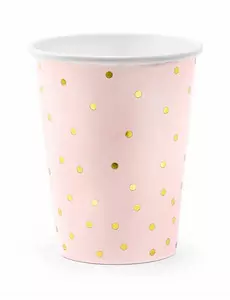 6 jasnoróżowych i złotych papierowych kubków w kropki o pojemności 260 ml