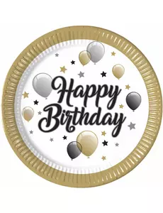 8 papierowych talerzyków Happy Birthday w kolorze złotym czarnym srebrnym 23 cm