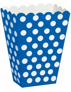 niebieskie pudełka na popcorn w białe kropki