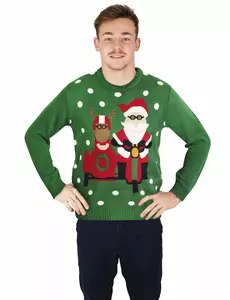 Zielony świąteczny sweter z motocyklistą Mikołajem, Rozmiar: Small/Medium