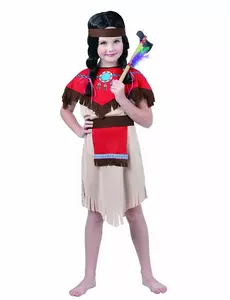 Czerwony i beżowy kostium Indianki dla dziewczynki, Rozmiar: 7-9 lat (120-130 cm)
