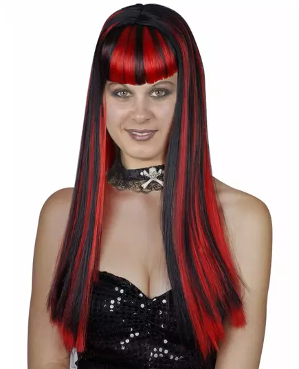Długa czarna peruka z grzywką i czerwoną kobietą balayage