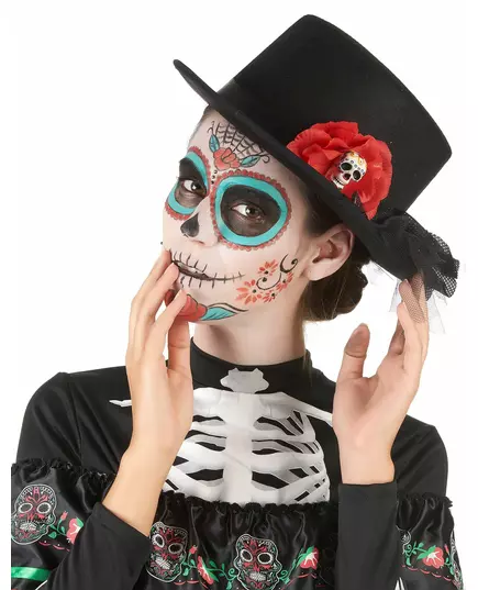 Dia de los muertos Top Hat z czaszką w kolorze czarnym i czerwonym