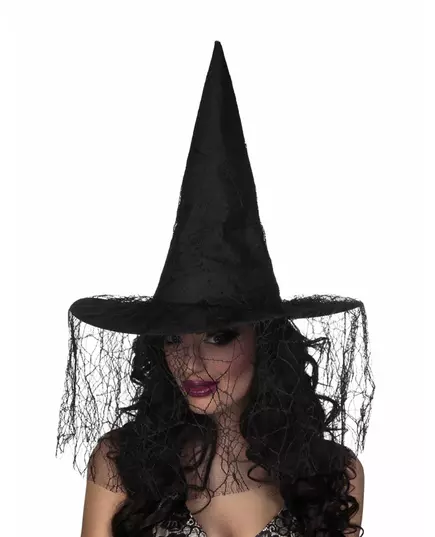 Czarny kapelusz wiedźmy z pajęczym welonem kobieta Halloween