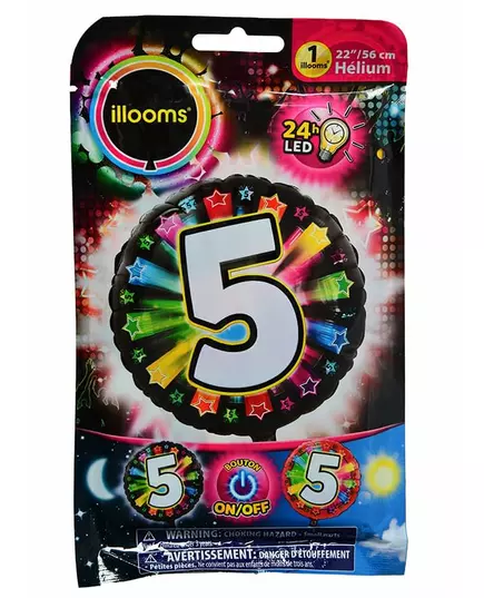 Aluminiowy balon z cyfrą 5, wielokolorowy LED Illooms® 50 cm