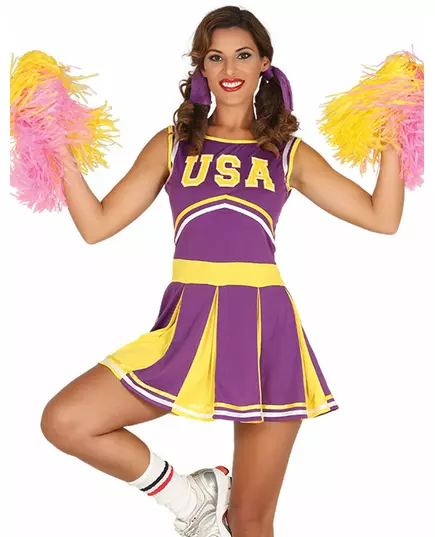 Fioletowo-żółty kostium cheerleaderki z USA dla kobiet, Rozmiar: X-Small/Small (36-38)