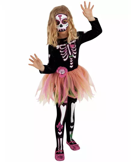 Kostium Miss Dia de los Muertos dla dziewczynki z maską i rajstopami, Rozmiar: 5-7 lat