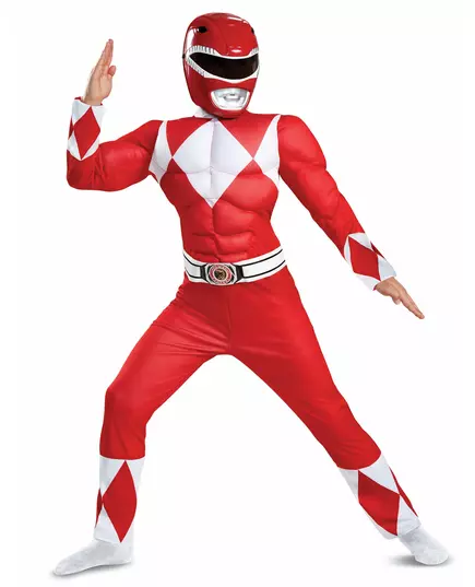 Czerwony kostium Power Rangers z muskulaturą dla dzieci, Rozmiar: 10–12 lat(137–149 cm)