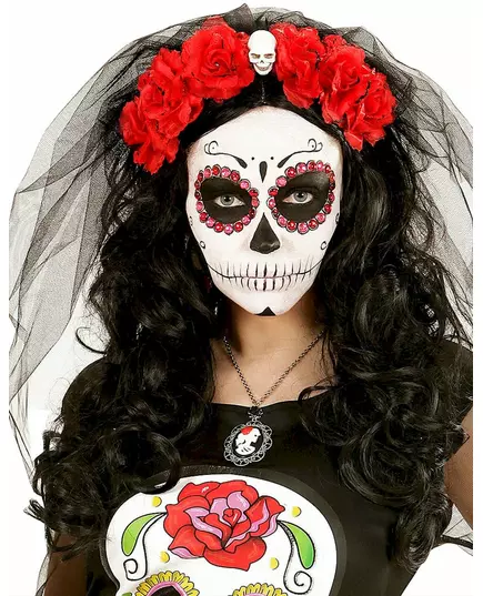 Nakrycie głowy w czerwone kwiaty z kobiecą czaszką Dia de los muertos