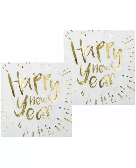 20 biało-złotych serwetek papierowych Happy New Year 33 x 33 cm