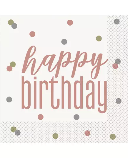 16 serwetek papierowych Happy Birthday w kolorze biało-różowozłotym 33 x 33 cm