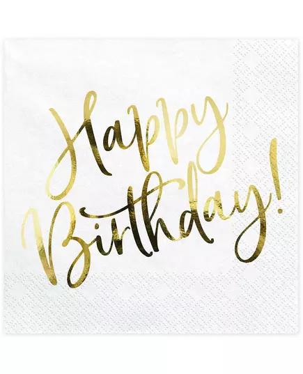 20 biało-złotych serwetek papierowych Happy Birthday o wymiarach 33 x 33 cm