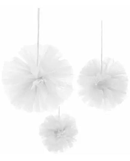 3 Pompony do zawieszenia z białego tiulu 15, 20 i 30 cm