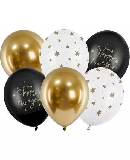6 balonów Szczęśliwego Nowego Roku w kolorze czarno-złotym 30 cm