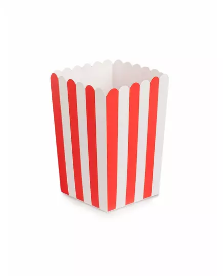 6 czerwonych i białych kartonowych pudełek na popcorn o wymiarach 7 x 12,5 cm