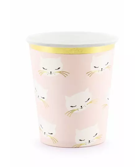6 różowo-białych kubków papierowych w kształcie kotka 200 ml