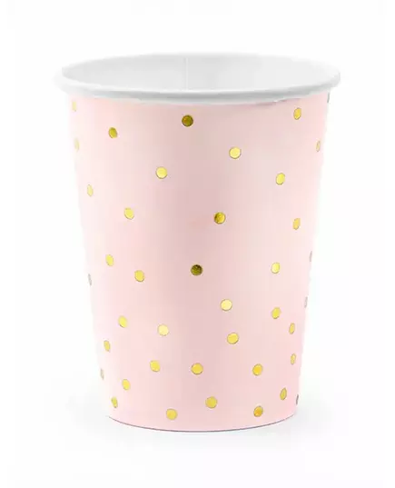 6 jasnoróżowych i złotych papierowych kubków w kropki o pojemności 260 ml