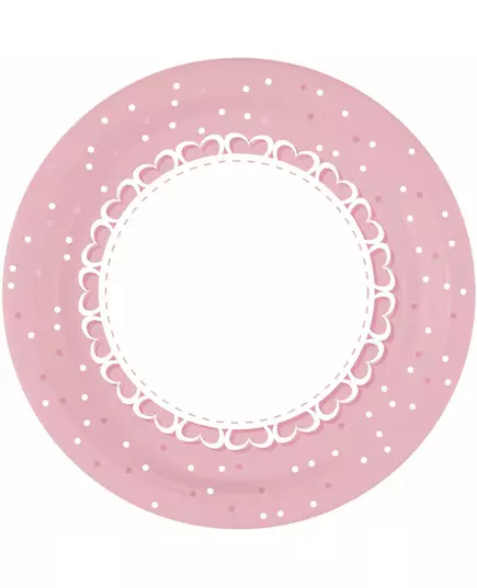 8 papierowych talerzyków w różowe serduszka 23 cm
