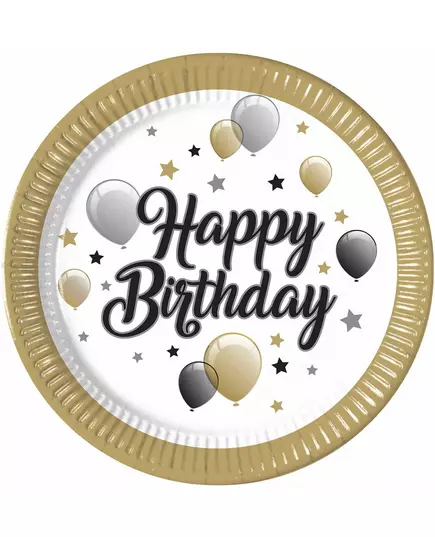 8 papierowych talerzyków Happy Birthday w kolorze złotym czarnym srebrnym 23 cm