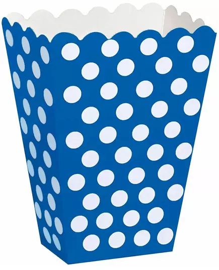 niebieskie pudełka na popcorn w białe kropki