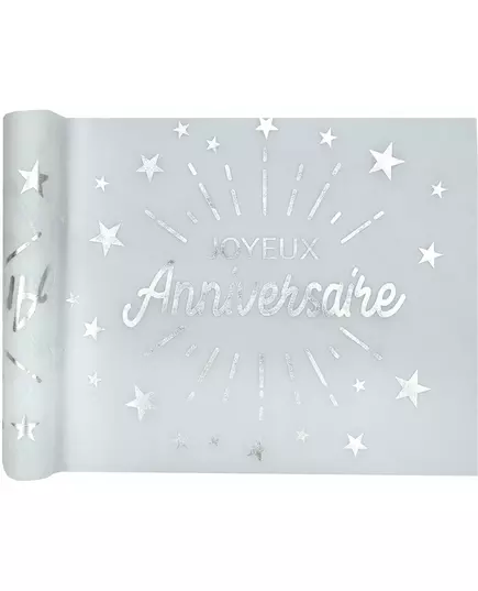 Biało-srebrny bieżnik urodzinowy z włókniny, 5m x 30cm