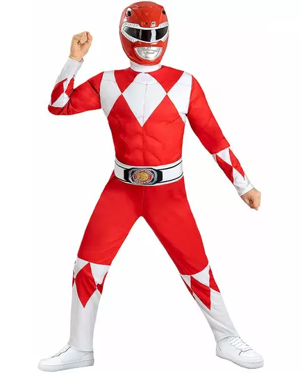 Czerwony kostium Power Ranger z efektem mięśni dla dzieci, Rozmiar: 7-9 lat