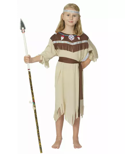 Beżowy kostium Indianki z frędzlami dla dziewczynki, Rozmiar: 7-9 lat (120-130 cm)